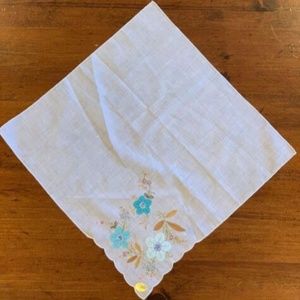 1 Vintage Handkerchief Blue Floral Embroidery on white base cotton + polyester